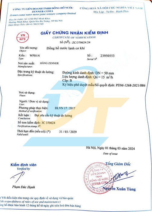 Đồng hồ đo nước sạch Zenner WPH-N DN50 phi 60 (Có kiểm định)  ZENNER | Giá rẻ nhất - Công Ty TNHH Thương Mại Dịch Vụ Đạt Tâm