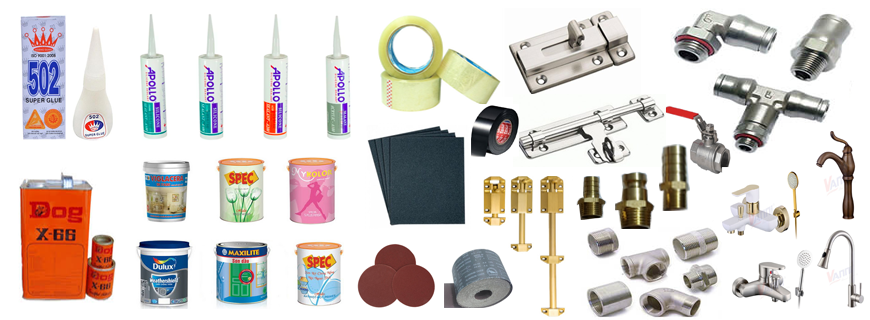 Keo, sơn, giấy nhám, bản lề, chốt cửa, van nước